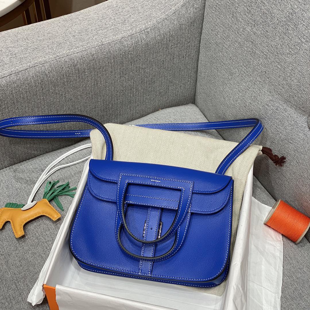 Hermes Mini Halzan 22 Handbag Shoulder Bag In Blue Swift Leather